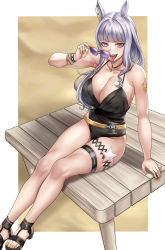 Rule 34 | 1girl, absurdres, animal ears, arm support, arm tattoo, black footwear, black one-piece swimsuit, blunt bangs, blush, bracelet, breasts, cleavage, collarbone, unworn eyewear, fangs, gold ship (run revolt launcher) (umamusume), gold ship (umamusume), grey hair, high heels, highres, holding, holding removed eyewear, horse ears, horse girl, horse tail, jewelry, large breasts, long hair, looking at viewer, nail polish, necklace, one-piece swimsuit, open mouth, pink eyes, sandals, sitting, smile, solo, stmoon, sunglasses, swimsuit, tail, tattoo, teeth, thigh strap, tongue, tongue out, umamusume, upper teeth only, yellow nails