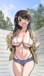 Rule 34 | 1girl, absurdres, bikini, black hair, blue jeans, blush, breasts, colorized, expressions, highres, illustration, jacket, large breasts, long hair, looking at viewer, micro shorts, open clothes, open jacket, open mouth, original, shiwasu no okina, shorts, sky, smile, standing, swimsuit, tagme, teeth, thighs, yellow eyes