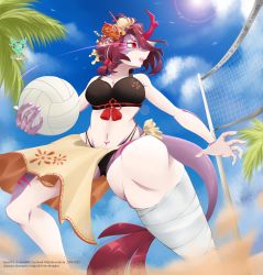 Rule 34 | 1girl, absurdres, al sensei908, arknights, ball, beach, bikini, breasts, day, dragon girl, dragon tail, female focus, hair ornament, highres, horns, large breasts, navel, net, open mouth, playing sports, princess fumizuki (arknights), short hair, single horn, solo, swimsuit, tail, volleyball, volleyball (object)