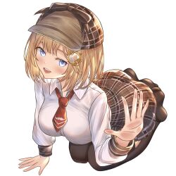 Rule 34 | 1girl, absurdres, ass, black thighhighs, blonde hair, blue eyes, bow, breasts, brown bow, brown hat, brown skirt, deerstalker, hair ornament, hairpin, hat, hat bow, highres, hololive, hololive english, honkivampy, large breasts, legs folded, long sleeves, looking at viewer, medium hair, necktie, open mouth, plaid, plaid skirt, red necktie, shirt, simple background, skirt, smile, solo, thighhighs, virtual youtuber, watson amelia, white background, white shirt