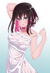 Rule 34 | 1girl, arm behind head, azki (hololive), bare shoulders, black hair, blush, breasts, collarbone, colored inner hair, dress, facial mark, frilled dress, frills, highres, hololive, loeldrive, looking at viewer, medium breasts, multicolored hair, parted lips, pink hair, purple eyes, see-through, short hair, solo, spaghetti strap, strap pull, sundress, virtual youtuber, wet, wet clothes, white dress