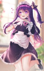 Rule 34 | 1girl, absurdres, alternate costume, apron, black choker, black dress, black footwear, blurry, blurry background, breasts, choker, commentary, dress, english commentary, enmaided, gloves, hair ornament, heart, heart hands, heart in heart hands, highres, hoshino ai (oshi no ko), kohaku komeiji, large breasts, light particles, long hair, looking at viewer, maid, maid headdress, mixed-language commentary, one side up, open mouth, oshi no ko, puffy short sleeves, puffy sleeves, purple eyes, purple hair, rabbit hair ornament, short sleeves, solo, star-shaped pupils, star (symbol), symbol-shaped pupils, teeth, waist apron, white gloves