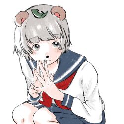 Rule 34 | 1girl, :3, alternate costume, animal ears, animal nose, blue sailor collar, blue skirt, blush, closed mouth, feet out of frame, grey eyes, grey hair, hands up, highres, long sleeves, looking at viewer, mizu&#039;24, mode aim, neckerchief, own hands together, pleated skirt, ponpoko (vtuber), raccoon ears, raccoon girl, red neckerchief, sailor collar, school uniform, serafuku, shirt, short hair, simple background, skirt, solo, squatting, steepled fingers, upturned eyes, virtual youtuber, white background, white shirt