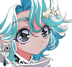 Rule 34 | 1girl, black eyes, blue hair, close-up, earrings, expressionless, eyelashes, highres, jewelry, looking to the side, original, short hair, simple background, solo, thick eyebrows, white background, yo-co