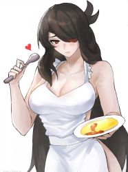 Rule 34 | 1girl, apron, bare shoulders, beidou (genshin impact), blush, breasts, brown eyes, brown hair, cleavage, closed mouth, colored eyepatch, eyepatch, food, genshin impact, hair over one eye, heart, highres, holding, holding plate, holding spoon, large breasts, long hair, naked apron, omelet, omurice, one eye covered, plate, spoon, tommy (kingdukeee), white apron, white background