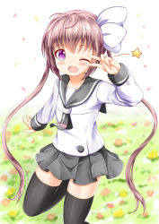 Rule 34 | 10s, 1girl, :d, black thighhighs, blurry, blurry background, blush, bow, brown hair, commentary request, depth of field, fang, field, flower, flower field, grey neckwear, grey skirt, hair bow, highres, long hair, long sleeves, looking at viewer, momochi tamate, one eye closed, open mouth, pleated skirt, purple eyes, red flower, school uniform, serafuku, shirt, skirt, slow start, smile, solo, standing, standing on one leg, star (symbol), thighhighs, twintails, v over eye, very long hair, white bow, white shirt, xenon (for achieve), yellow flower