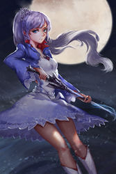 Rule 34 | 1girl, belt, blue eyes, boots, cropped jacket, dress, highres, holding sword, jewelry, long hair, long sleeves, looking to the side, moon, necklace, night, pendant, ponytail, rapier, ribbon, rwby, snow, solo, sword, weapon, weiss schnee, white dress, white footwear, white hair, wide sleeves, xuetu13