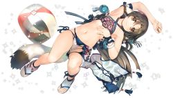 Rule 34 | 1girl, amazuyu tatsuki, animal ears, aquaplus, arm strap, ball, beachball, bikini, bracelet, breasts, brown eyes, brown hair, eruruu, from above, full body, highres, jewelry, long hair, looking at viewer, lying, midriff, navel, official art, raised eyebrows, sandals, small breasts, smile, solo, sparkle, sparkle background, swimsuit, tail, thighs, transparent background, utawarerumono, utawarerumono: lost flag, very long hair