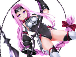 Rule 34 | 1girl, arm up, armor, black gloves, black leotard, bow, braid, breastplate, cameltoe, chain, collar, covered navel, fate/grand order, fate (series), gloves, gluteal fold, hair bow, hair intakes, headband, leotard, long braid, long hair, low-tied long hair, medusa (fate), medusa (lancer) (fate), medusa (rider) (fate), ponytail, purple eyes, purple hair, ribbon, rider, scythe, simple background, solo, thigh strap, thighhighs, thighs, touchuu kasou, very long hair, weapon, white background, white thighhighs