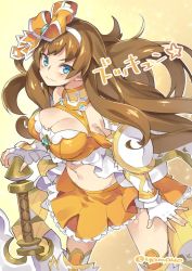 Rule 34 | axe, blue eyes, breasts, brown hair, cleavage, commentary request, dragalia lost, fingerless gloves, gloves, hair ribbon, julietta (dragalia lost), large breasts, long hair, midriff, navel, nintendo, orange skirt, ribbon, skirt, solo, super zombie, translation request, twitter username
