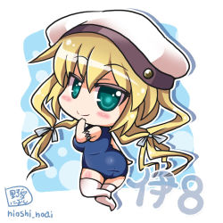 Rule 34 | 10s, 1girl, ass, bad id, bad pixiv id, blonde hair, blue eyes, breasts, chibi, unworn eyewear, glasses, hat, i-8 (kancolle), kantai collection, large breasts, long hair, looking back, low twintails, name tag, noai nioshi, one-piece swimsuit, peaked cap, personification, school swimsuit, smile, solo, swimsuit, thighhighs, twintails, white thighhighs