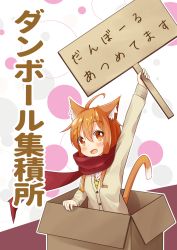 Rule 34 | 1girl, :d, ahoge, animal ears, arm up, blush, box, brown eyes, brown hair, cardboard box, cardigan, cat ears, cat girl, cat tail, commentary request, hair between eyes, highres, holding, holding sign, in box, in container, long hair, long sleeves, looking at viewer, minazuki mizu, necktie, open mouth, original, red scarf, scarf, shirt, sign, smile, solo, souffle (minazuki mizu), tail, translation request, white shirt, yellow necktie