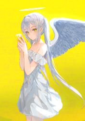 Rule 34 | 1girl, :|, absurdres, angel, angel wings, bare shoulders, closed mouth, commentary, cowboy shot, dress, feathered wings, from side, hair between eyes, halo, heart, highres, holding, ichika (ichika87), light blush, looking at viewer, looking to the side, off-shoulder dress, off shoulder, original, sidelighting, sidelocks, solo, standing, symbol-only commentary, twintails, white dress, white hair, white wings, wings, yellow background, yellow eyes