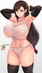 Rule 34 | 1girl, armpits, arms behind head, arms up, breasts, brown hair, cleavage, covered erect nipples, curvy, female pubic hair, final fantasy, final fantasy vii, highres, huge breasts, midriff, navel, no bra, otohukebonne, panties, pubic hair, see-through, sleeveless, smile, solo, sweat, thick thighs, thighhighs, thighs, tifa lockhart, underwear, white panties