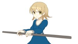 Rule 34 | 1girl, animated, animated gif, bad id, bad tumblr id, belt, blonde hair, blue dress, close-up, dress, dust, leaf, long sleeves, lowres, martial arts, original, pantyhose, petals, polearm, rose petals, short hair, simple background, solo, spinning, staff, stick, sumashi, weapon, white background, yellow eyes