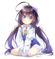 Rule 34 | 10s, 1girl, ahoge, between legs, black hair, blue dress, blue eyes, blurry, blurry foreground, blush, bobby socks, brown hair, depth of field, dress, fingernails, full body, hair between eyes, hand between legs, hat, hinatsuru ai, layered sleeves, long hair, long sleeves, looking at viewer, low twintails, mocha (naturefour), no shoes, open mouth, parted lips, puffy short sleeves, puffy sleeves, ribbon, ryuuou no oshigoto!, school uniform, short over long sleeves, short sleeves, sidelocks, signature, simple background, sleeves past wrists, socks, solo, twintails, twitter username, very long hair, white background, white footwear, white sleeves, white socks