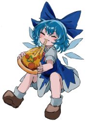 Rule 34 | 1girl, absurdres, blue bow, blue hair, bow, bowtie, brown footwear, cirno, closed eyes, collared shirt, commentary, detached wings, eating, food, hair bow, highres, holding, holding food, ice, ice wings, mikan (manmarumikan), pizza, red bow, red bowtie, shirt, short hair, short sleeves, simple background, socks, solo, touhou, white background, white shirt, white socks, wings