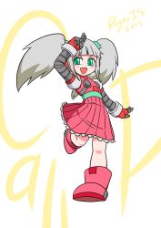 Rule 34 | 1girl, blush, boots, call (mighty no. 9), call d, dress, green eyes, headphones, highres, joints, long hair, mighty no. 9, robot joints, roger i.s., salute, silver hair, smile, solo, twintails