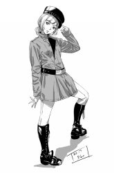 Rule 34 | 1girl, arm at side, arm up, belt, belt buckle, boots, buckle, cross-laced footwear, dated, greyscale, hat, head tilt, jacket, knee boots, lace-up boots, long hair, long sleeves, low ponytail, monochrome, original, pants, peaked cap, ponytail, sleeves past wrists, solo, standing, werkbau, white background