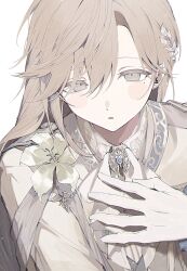 Rule 34 | 1boy, aiguillette, ascot, blush stickers, brooch, brown hair, collared shirt, corsage, ear chain, earclip, earrings, flower, gloves, gold trim, grey eyes, hair between eyes, hair ornament, half-closed eyes, hand on own chest, highres, jacket, jewelry, kanae (16th costume) (nijisanji), kanae (nijisanji), lapels, leaf hair ornament, lily (flower), long hair, long sleeves, looking at viewer, male focus, mole, mole under eye, nijisanji, nora (misato0301), official alternate costume, parted lips, ringed eyes, sash, shirt, shoulder sash, simple background, solo, stud earrings, upper body, virtual youtuber, white ascot, white background, white flower, white gloves, white jacket, white lily, white shirt