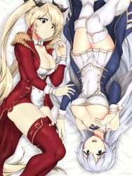 Rule 34 | 2girls, azur lane, black ribbon, blonde hair, boots, braid, breasts, buttons, coat, double-breasted, dress, epaulettes, french braid, from above, hair ribbon, hand on own chest, highres, large breasts, light purple hair, long hair, looking at viewer, lying, microdress, miniskirt, multiple girls, nelson (azur lane), on back, on bed, on side, pleated skirt, purple coat, purple eyes, red coat, red dress, red eyes, red footwear, ribbon, rodney (azur lane), skirt, thigh boots, thighhighs, twintails, two-tone dress, very long hair, white dress, white footwear, white skirt, yashio (0321)