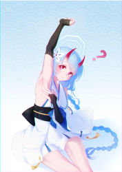 Rule 34 | 1girl, ?, absurdres, armpits, blue archive, blue hair, chise (blue archive), commentary request, flower, hair between eyes, hair flower, hair ornament, halo, highres, horns, japanese clothes, long braid, long hair, looking at viewer, oni horns, red eyes, shi0n krbn, sitting, sleeveless, solo