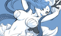 Rule 34 | 10s, 1girl, amagaeru (amapippi052525), antlers, arms up, bad id, bad pixiv id, blue theme, breasts, dutch angle, horns, large breasts, long hair, looking at viewer, mermaid, monochrome, monster girl, navel, no pupils, open mouth, pointy ears, shell, shell bikini, simple background, solo, traditional youkai, yaobikuni (youkai watch), youkai watch