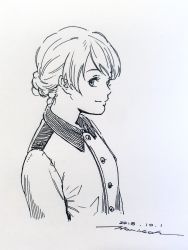 Rule 34 | 1girl, braid, braided bun, closed mouth, darjeeling (girls und panzer), dated, from side, girls und panzer, greyscale, hair bun, highres, horikou, jacket, looking at viewer, military, military uniform, monochrome, one-hour drawing challenge, scan, signature, simple background, single hair bun, smile, solo, uniform, white background