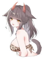 Rule 34 | 1girl, absurdres, animal ears, animal print, bare shoulders, breasts, brown hair, cat ears, cat girl, cat tail, cropped torso, demon horns, facial mark, final fantasy, final fantasy xiv, from side, high ponytail, highres, horns, large breasts, leopard print, long hair, looking at viewer, miqo&#039;te, red horns, sana (sanamaru 0w0), sidelocks, simple background, slit pupils, solo, tail, tearing up, warrior of light (ff14), whisker markings, white background, yellow eyes