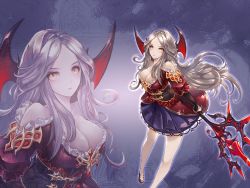 Rule 34 | bare legs, bare shoulders, breasts, cleavage, colored skin, corset, forehead, frilled sleeves, frills, glowing, glowing eyes, hair ornament, holding, holding polearm, holding spear, holding weapon, king&#039;s raid, large breasts, lewisia (king&#039;s raid), long hair, looking at viewer, official art, ornate clothing, pale skin, polearm, serious, silver hair, solo, spear, vampire, weapon, white skin, yellow eyes