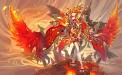 Rule 34 | 1girl, bird, fire, fire, hair ornament, highres, jak, jaklv0, jewelry, lava, original, personification, phoenix, red eyes, red hair, revealing clothes, sandals, short hair, solo, thighhighs, white thighhighs, wings