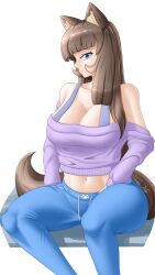 Rule 34 | 1girl, absurdres, animal ears, blue eyes, breasts, brown hair, brown tail, cat ears, cat girl, cleavage, fluffy, highres, large breasts, leggings, looking at viewer, original, smile, solo, stomach, sweater, takie, takie arts, thick thighs, thighs, white background