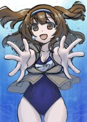 Rule 34 | 1girl, air bubble, blue one-piece swimsuit, bobokuboboku, brown eyes, brown jacket, bubble, commentary request, cowboy shot, female focus, foreshortening, gluteal fold, gradient background, hairband, i-26 (kancolle), jacket, kantai collection, light brown hair, long hair, name tag, new school swimsuit, one-hour drawing challenge, one-piece swimsuit, school swimsuit, short sleeves, smile, solo, swimsuit, swimsuit under clothes, two-tone hairband, two side up, underwater