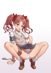 Rule 34 | 1girl, ankle socks, arm support, armband, ass, black skirt, blush, breasts, brown footwear, brown hair, chain, clothes lift, commentary request, cuffs, eyebrows, female focus, fingernails, full body, gradient background, hair intakes, hair ornament, hair ribbon, handcuffs, highres, leaning back, lifted by self, looking at viewer, mool yueguang, naughty face, open mouth, panties, pink eyes, red ribbon, ribbon, saliva, school uniform, shirai kuroko, shirt, shoes, short hair, short sleeves, simple background, skirt, skirt lift, small breasts, socks, solo, spread legs, squatting, thigh strap, thighs, tiptoes, toaru kagaku no railgun, toaru majutsu no index, tokiwadai school uniform, tongue, tongue out, twintails, underwear, vest, white background, white panties, white shirt, white socks, wing collar