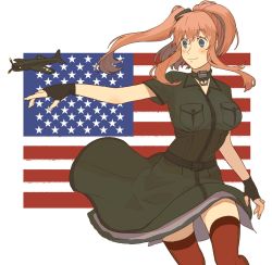 Rule 34 | 1girl, aircraft, aircraft request, airplane, american flag, anchor, black dress, black gloves, breast pocket, brown hair, choker, commentary request, cowboy shot, dress, fingerless gloves, flag background, gloves, grey eyes, hair between eyes, hair ornament, highres, kantai collection, pocket, ponytail, red thighhighs, saratoga (kancolle), saratoga mk ii (kancolle), side ponytail, sidelocks, smokestack, smokestack hair ornament, solo, sukekiyo (skky 0), thighhighs, white background