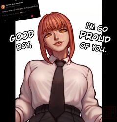 Rule 34 | 1girl, absurdres, black pants, business suit, chainsaw man, english text, formal, highres, lips, looking at viewer, makima (chainsaw man), necktie, pants, pov, red hair, redteneri, shirt, smile, solo, suit, twitter, white shirt, yellow eyes