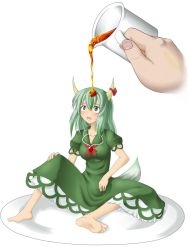 Rule 34 | 1girl, bad id, bad pixiv id, barefoot, cup, ex-keine, feet, female focus, food, green eyes, green hair, horns, in food, kamishirasawa keine, matching hair/eyes, mini person, minigirl, saucer, soles, solo, solo focus, syrup, tail, tea, toes, toritora, touhou