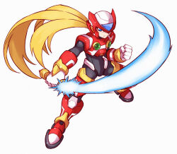 Rule 34 | 1boy, android, armor, black bodysuit, blonde hair, blue eyes, bodysuit, boots, clenched hand, closed mouth, commentary, energy sword, english commentary, floating hair, full body, gloves, helmet, holding, holding sword, holding weapon, long hair, looking at viewer, male focus, mega man (series), mega man zero (series), red footwear, red headwear, redesign, serious, shoutaro saito, simple background, solo, standing, sword, very long hair, weapon, white background, white gloves, zero(z) (mega man), zero (mega man)