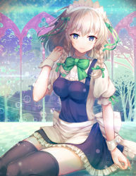Rule 34 | 1girl, apron, black thighhighs, blue dress, blue eyes, blush, bow, bowtie, braid, breasts, commentary request, dress, frilled apron, frills, green bow, green bowtie, green ribbon, hair between eyes, hair bow, hair ribbon, hand up, izayoi sakuya, looking at viewer, maid, maid apron, maid headdress, medium breasts, petticoat, puffy short sleeves, puffy sleeves, ribbon, shirt, short dress, short hair, short sleeves, silver hair, sitting, smile, solo, thighhighs, thighs, touhou, twin braids, vesper (pixiv3568), waist apron, white apron, white shirt, wrist cuffs, zettai ryouiki