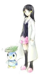 Rule 34 | 00s, artist request, black hair, book, creatures (company), dawn (pokemon), game freak, gen 4 pokemon, hair ornament, hairclip, hands in pockets, lab coat, nintendo, piplup, pokemon, pokemon (creature), pokemon dppt
