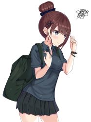 Rule 34 | 1girl, backpack, bad id, bad pixiv id, bag, blush, bracelet, breasts, brown hair, cleavage, collarbone, cowboy shot, earrings, grey eyes, hair bun, hair ornament, hair scrunchie, hand on own chest, highres, holding, holding own hair, jewelry, kanikou, medium breasts, original, pleated skirt, scrunchie, shirt, short sleeves, simple background, single hair bun, skirt, solo, squiggle, white background, wing collar, x hair ornament