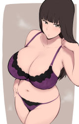 Rule 34 | 1girl, bare shoulders, bra, breasts, brown eyes, brown hair, closed mouth, curvy, feet out of frame, girls und panzer, hotmilker, huge breasts, large breasts, long hair, looking at viewer, mature female, nishizumi shiho, shiny skin, simple background, standing, underwear, white background