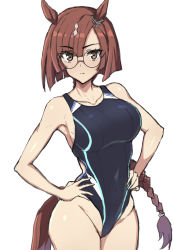 Rule 34 | 1girl, animal ears, black one-piece swimsuit, braid, braided ponytail, breasts, brown eyes, brown hair, closed mouth, competition swimsuit, glasses, grey background, hands on own hips, highres, horse ears, horse girl, horse tail, ikuno dictus (umamusume), large breasts, long hair, looking at viewer, mordeth, one-piece swimsuit, simple background, solo, swimsuit, tail, thighs, umamusume