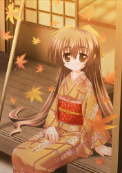 Rule 34 | autumn, bow, brown eyes, brown hair, hair bow, japanese clothes, kimono, leaf, long hair, lowres, original, sitting, smile, solo, tsuchiyama niu