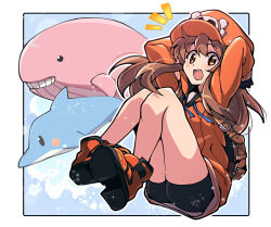 Rule 34 | 1girl, :d, backpack, bag, bike shorts, black gloves, black shorts, brown eyes, brown hair, cabbie hat, dolphin, full body, gloves, guilty gear, guilty gear strive, hat, itsuka neru, jacket, long hair, long sleeves, looking at viewer, may (guilty gear), mr. dolphin (guilty gear), open mouth, orange hat, orange jacket, outside border, short shorts, shorts, smile, teeth, upper teeth only, whale