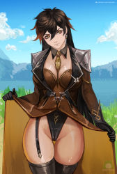 Rule 34 | 1girl, armor, black gloves, black hair, black thighhighs, breasts, brown eyes, cape, cape lift, cleavage, cloud, cloudy sky, commentary, day, earrings, english commentary, genderswap, genderswap (mtf), genshin impact, gloves, gradient hair, grass, jacket, jewelry, large breasts, leather, leather jacket, leotard, multicolored hair, necktie, nextoad, orange hair, outdoors, patreon username, shoulder armor, sky, solo, thick thighs, thigh gap, thighhighs, thighs, watermark, zhongli (genshin impact)