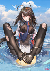 Rule 34 | 1girl, ahoge, arm between breasts, atdan, azur lane, between breasts, bird, black pantyhose, blue sky, bodysuit, breasts, brown hair, capelet, chick, covered navel, covering own mouth, day, embarrassed, feet, fingerless gloves, frown, gloves, hairband, headgear, highres, independence (azur lane), large breasts, long hair, long sleeves, looking at viewer, manjuu (azur lane), no shoes, outdoors, pantyhose, red eyes, retrofit (azur lane), revision, seagull, sitting, skindentation, sky, slit pupils, solo, toes, torn clothes, torn pantyhose, very long hair, water