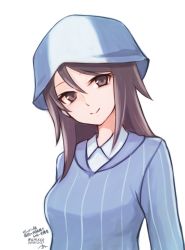 Rule 34 | 10s, 1girl, artist name, blue hat, blue shirt, brown eyes, brown hair, closed mouth, commentary, dated, dress shirt, girls und panzer, hat, head tilt, highres, keizoku school uniform, long hair, long sleeves, looking at viewer, mika (girls und panzer), one-hour drawing challenge, portrait, school uniform, shirt, signature, simple background, smile, solo, standing, striped clothes, striped shirt, twitter username, umxzo, vertical-striped clothes, vertical-striped shirt, white background, white shirt