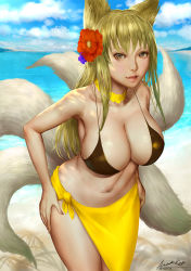 Rule 34 | 1girl, animal ears, ariverkao, beach, bikini, black bikini, blonde hair, blue sky, breasts, choker, dated, day, flower, fox ears, fox tail, hair flower, hair ornament, hands on own hips, large breasts, leaning forward, lips, long hair, looking at viewer, multiple tails, original, parted lips, sarong, signature, sky, solo, swimsuit, tail, water, yellow eyes