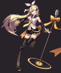 Rule 34 | 1girl, :d, alternate hair length, alternate hairstyle, black background, black skirt, black thighhighs, blonde hair, blue eyes, boots, detached sleeves, full body, future style (module), hair ornament, hairband, hairclip, highres, kagamine rin, long hair, microphone, necktie, open mouth, pleated skirt, project diva (series), simple background, skirt, smile, solo, thigh boots, thighhighs, very long hair, vocaloid, white hairband, yan ge, yellow necktie, zettai ryouiki